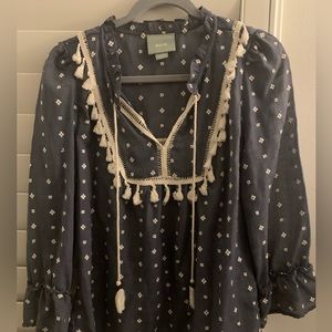 Anthropologie Maeve Light Chambray Color Tassel Blouse